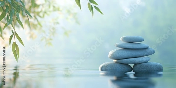 Fototapeta Serene stacked stones resting gently on calm water, surrounded by soft greenery, creating a peaceful, tranquil atmosphere.