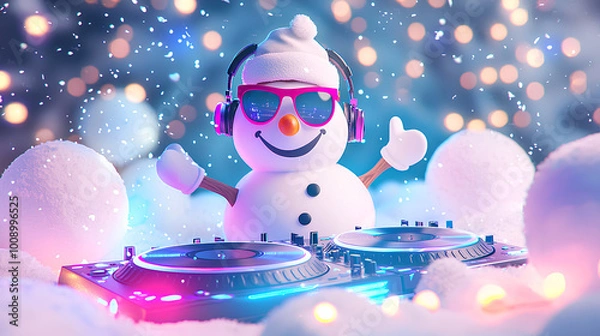 Fototapeta Snowman wearing sunglasses and a hat is playing a DJ