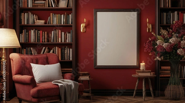 Obraz Vertical blank and empty frame on a wall in a dark red living room with bookshelves, an armchair, and flowers.