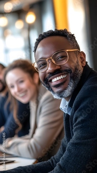 Fototapeta A group of four smiling young people in business attire are sitting at an office desk, working on laptops and looking happy with each other