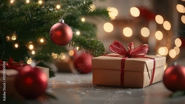 Fototapeta Festive Christmas scene with gift and ornaments under tree
