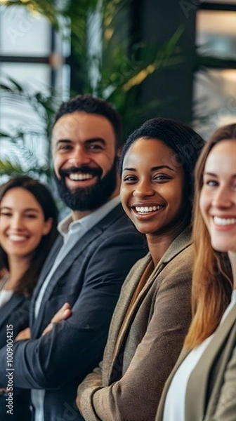 Fototapeta A group of four smiling young people in business attire are sitting at an office desk, working on laptops and looking happy with each other
