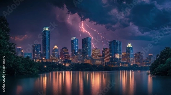 Fototapeta Lightning Strikes Over Austin Skyline Reflected In Lake