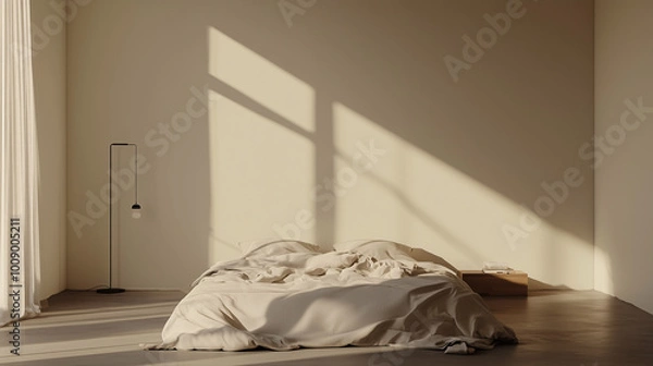 Fototapeta Serene minimalist bedroom with a floor lamp casting soft light over neutral bedding and a modern bed frame. Simple decor and empty walls create a calming, open atmosphere