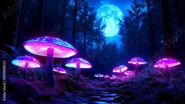 Obraz Glowing Mushrooms In A Night Forest With Full Moon