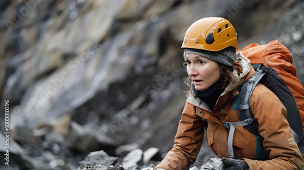 Fototapeta female geologist 35 inquisitive in the field with rock samples and geological equipment