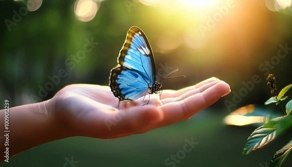 Fototapeta Tiny Blue Butterfly on a Child’s Hand