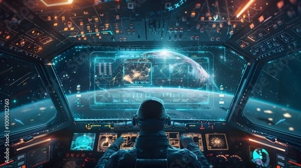 Obraz Spaceship Pilot Using Holographic Navigation System Mapping Journey Through Space