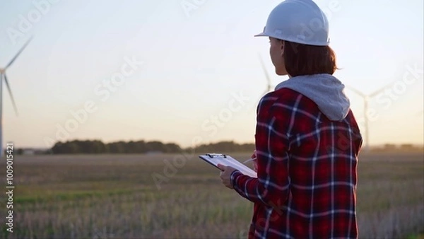 Fototapeta Adult woman engineer wearing white cask is taking notes on a clipboard on a field with wind turbines, as the sun sets, back view