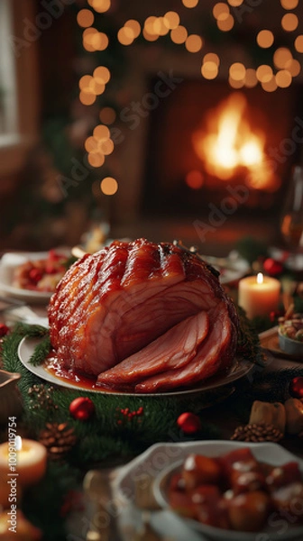 Obraz Slicing glazed ham at a festive holiday dinner table with candles 