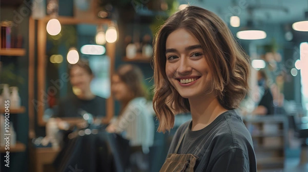 Fototapeta female hairdresser 30s smiling warmly in a salon with a client in the chair mirrors and hairstyling tools in the