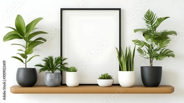 Fototapeta A modern wooden shelf featuring various potted plants and a blank picture frame, creating a minimalist and stylish decor setup against a white wall.