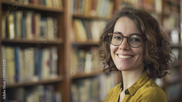 Fototapeta female librarian 40s welcoming smile wearing glasses in a library with shelves of books in the background