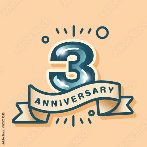 Fototapeta A 3rd anniversary logo on a cream-brown pastel background, designed in a flat style. The celebration features the number with a matching tone vector ribbon and simple background design elements.