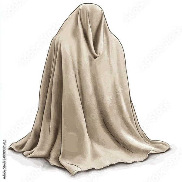 Fototapeta A ghost-like figure draped in a light-colored blanket, resembling a whimsical or playful spirit.