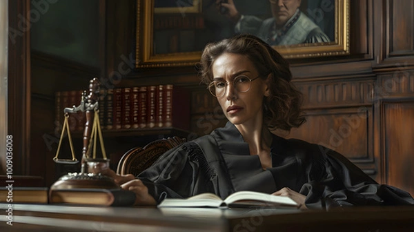 Fototapeta female judge 50s authoritative yet approachable in a courtroom with gavel and law books