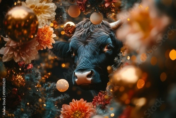 Fototapeta scottish highlander cow in an explosion of flowers christmas style artwork