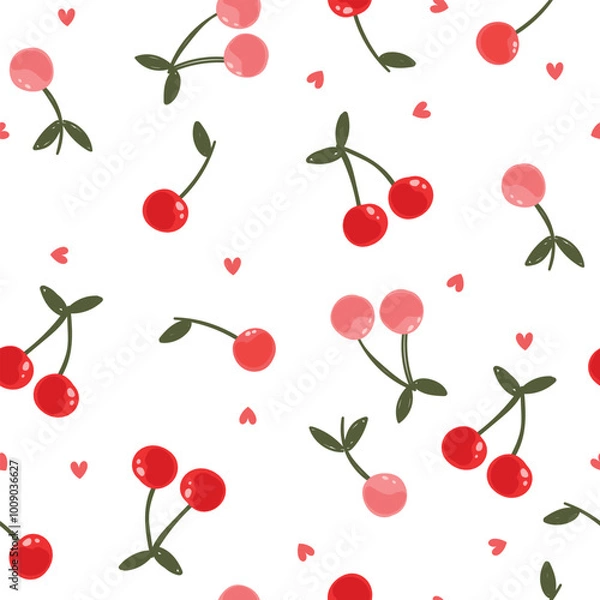 Fototapeta Seamless pattern with cherry and hearts on white background.