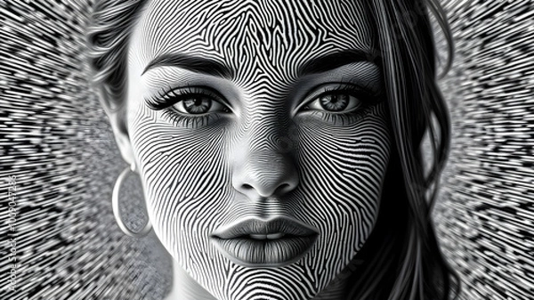 Obraz Beautiful woman with face covered with fingerprint pattern or zebra pattern. Generative AI