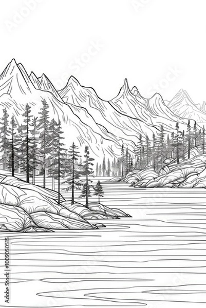 Fototapeta Coloring book illustration of a serene northern landscape with trees and mountains