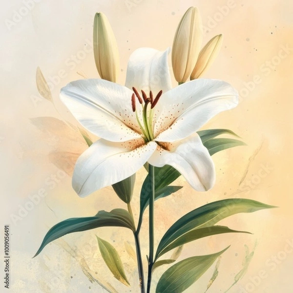 Fototapeta A beautiful white lily adorned with budding flowers, set against a soft pastel background, perfect for nature and floral themes.