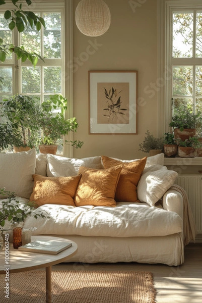 Fototapeta A living room with an off-white sofa, a round coffee table and side tables, a beige cabinet, plants on the windowsill, a hanging poster frame, a modern minimalist style, beige walls, warm tones