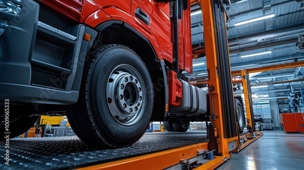 Obraz Lorry Truck on Lift in High-Tech Service Center for Maintenance and Repair