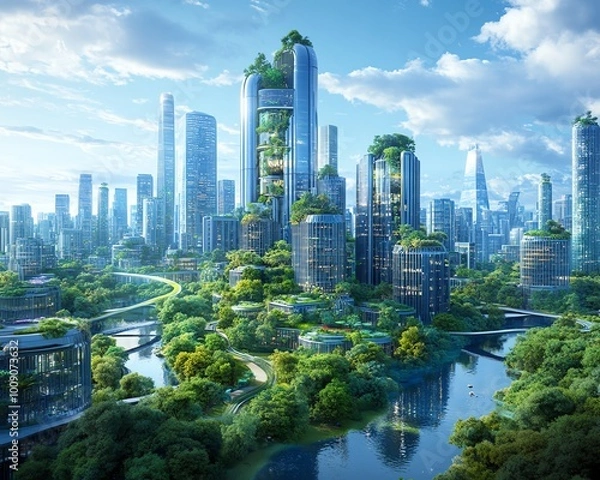 Obraz Futuristic green cityscape with lush vegetation, towering skyscrapers, blue skies, reflecting water bodies, and modern architectural design.
