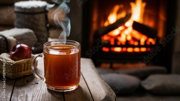 Fototapeta Warm spiced apple cider by the fireplace in a rustic log cabin