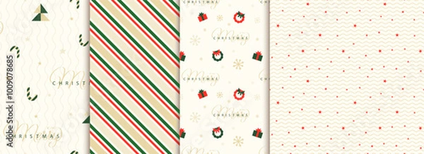 Fototapeta Set of Holiday, Christmas, New Year light seamless pattern with christmas trees, snowflakes, stars. Loopable design for wrapping paper, textile, background, banner