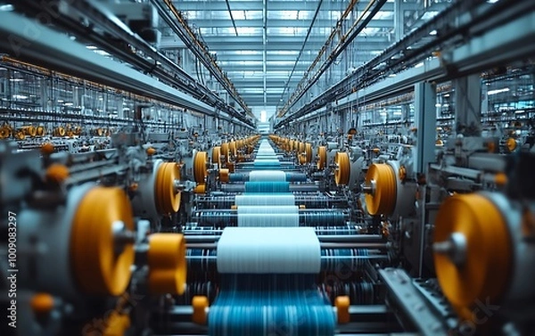Fototapeta Textile Factory with Rows of Weaving Machines and Colorful Threads