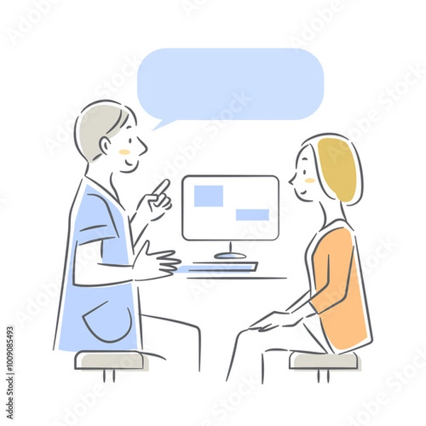 Fototapeta 婦人科受診　更年期障害　中年女性　シンプルでお洒落な線画イラスト