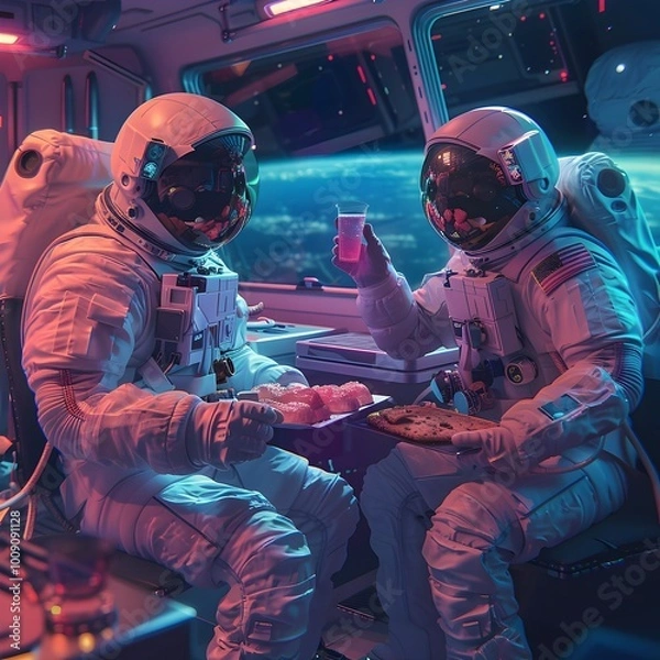 Fototapeta Space Food Astronauts Weightlessly Consuming DPrinted Snacks in Iridescent Packaging aboard a Spacecraft