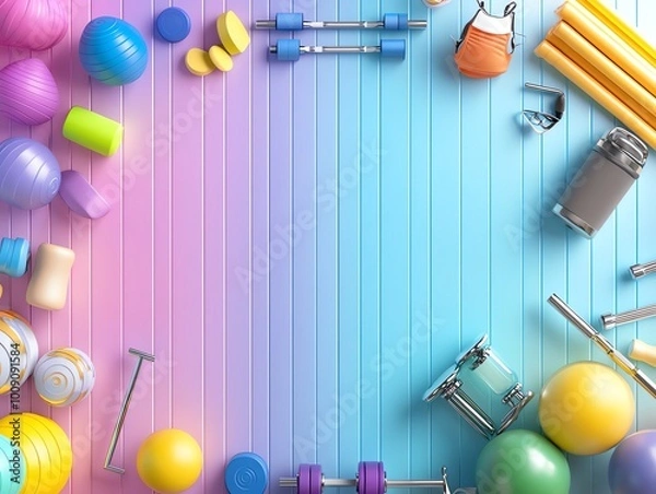 Fototapeta Colorful fitness and gym equipment on a pastel background with copy space, featuring dumbbells, exercise balls, and mats for a healthy lifestyle.