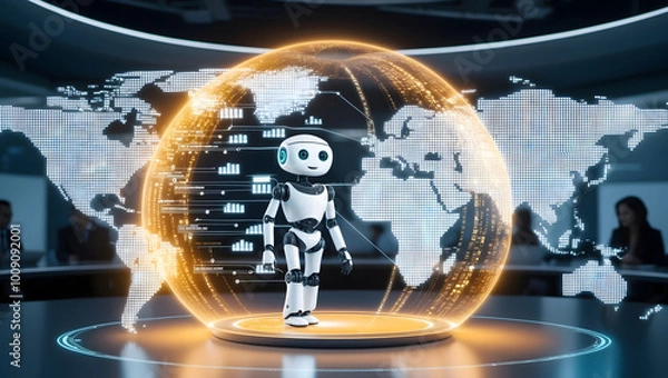 Fototapeta AI Robot with Global Data Interface: A Futuristic Vision of Artificial Intelligence Connecting the World