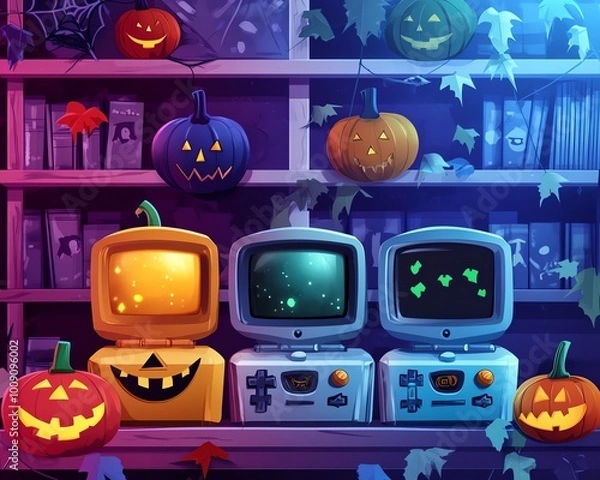 Fototapeta Retro computer screens and Halloween pumpkins with spooky faces in a colorful, festive library setting.
