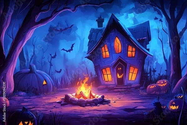 Fototapeta Spooky Halloween night with pumpkins, haunted house, and campfire in a dark, eerie forest setting, perfect for festive celebrations.