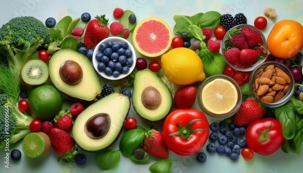 Fototapeta Background of A Healthy and Delicious Assortment of vegetables and fruit. A Healthy and Diverse Selection of Produce. A Colorful Display of Organic Fruits and Vegetables
