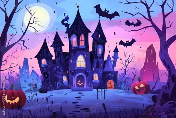 Fototapeta Spooky haunted house scene with pumpkins, bats, and a full moon during twilight. Perfect for Halloween-themed projects and decorations.