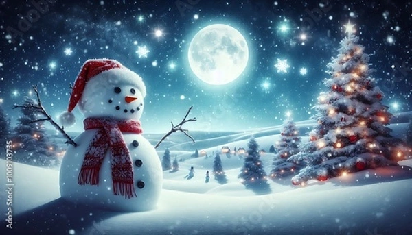 Fototapeta Winter landscape with a snowman wearing a Santa hat, surrounded by twinkling stars and a full moon on Christmas Eve,generative ai