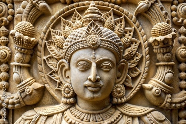 Fototapeta Intricate stone carving of a hindu deity with serene expression