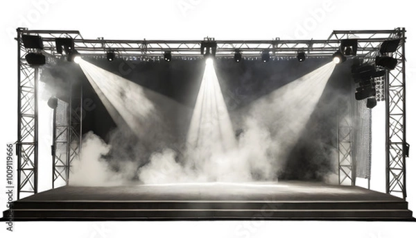 Fototapeta stage illuminated by spotlights with smoke effect. Generative AI.