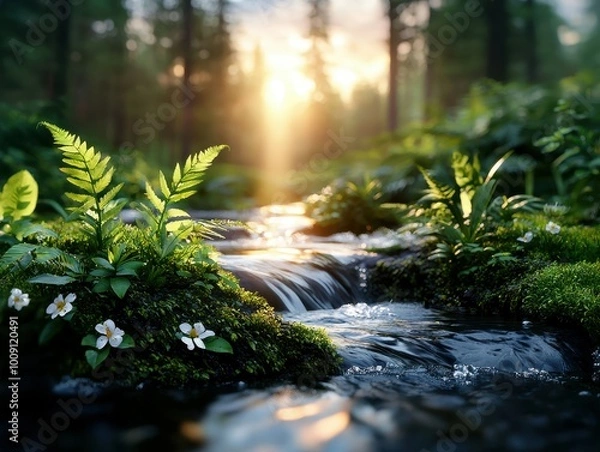 Fototapeta A small creek flows through a lush forest, sunlight filtering through the trees.