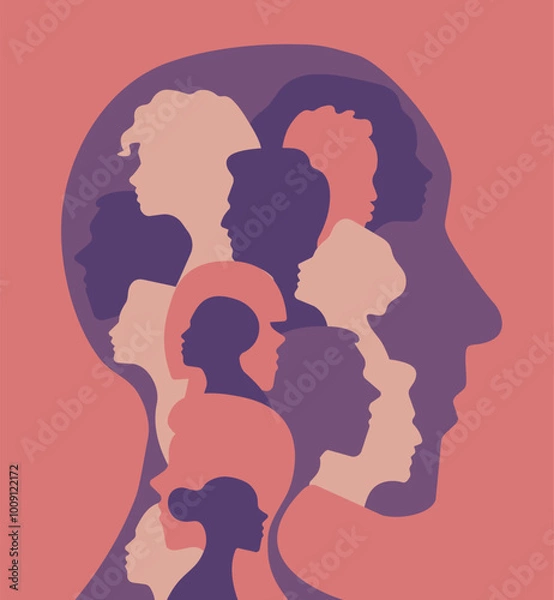 Fototapeta Abstract and stylized human head with multiple silhouettes of people's faces in various shades inside a man profile silhouette .