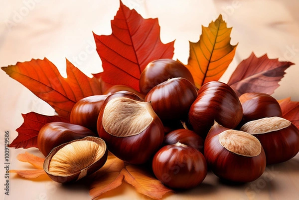 Fototapeta 秋の味覚栗と落ち葉