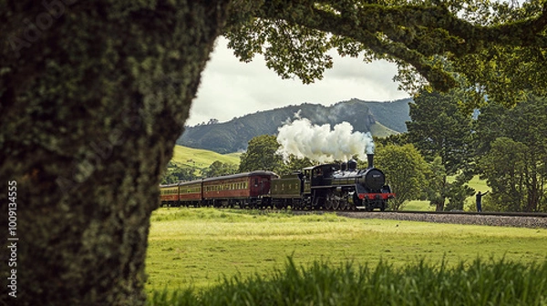 Fototapeta  black steam train with red stripes and white dots on the side is moving through green fields in New Zealand's national park. 