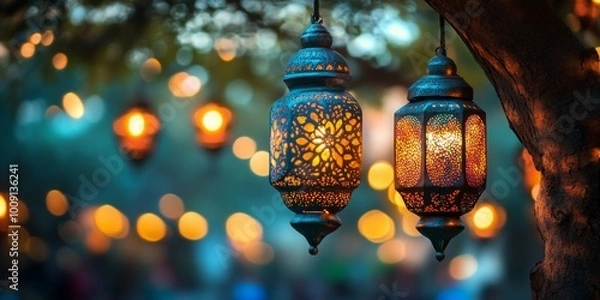 Fototapeta Festive Lanterns Amidst Twinkling Lights, close-up view of ornate lanterns suspended from branches, soft glow of distant festival lights enhances ambiance