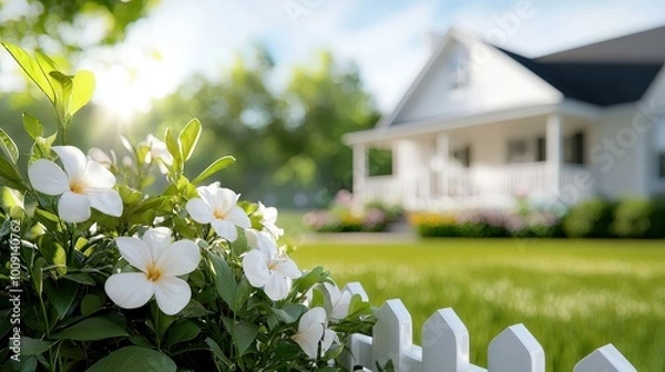 Obraz White flowers bloom in front of a white picket fence with a house in the background.