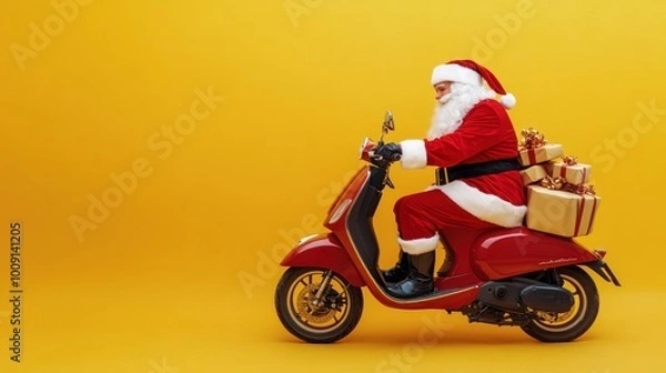 Fototapeta Santa Claus on a Red Scooter Delivering Christmas Presents