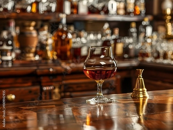 Fototapeta Vintage Bar Counter with Glass of Brandy and Brass Accents Evoking Timeless Elegance